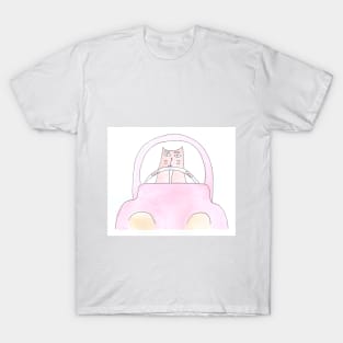 Cat is driving a car. Driver, road, journey. Watercolor illustration humorous. Humor, fun design modern T-Shirt